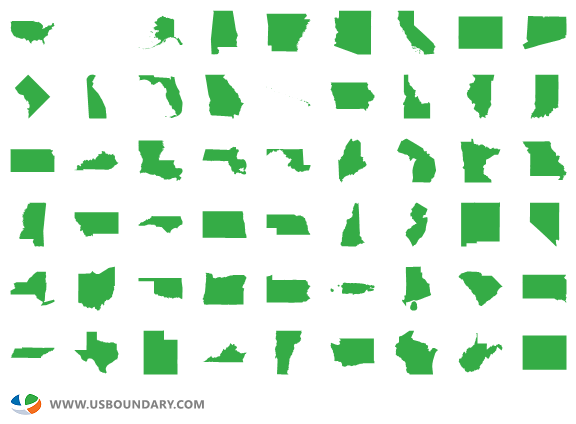 state sprite image with U.S. maindland and 52 states and equivalents (64x64, green).
