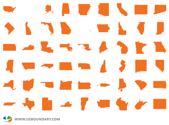 state sprite image with U.S. maindland and 52 states and equivalents (64x64, orange).