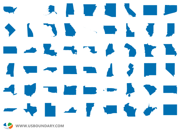 state sprite image with U.S. maindland and 52 states and equivalents (64x64, blue).